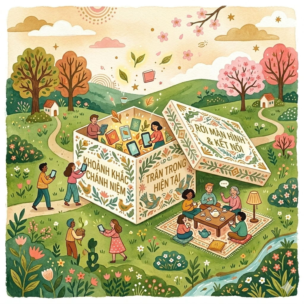 Nhân vật tí hon bỏ điện thoại vào hộp và ngồi trò chuyện bên ấm trà