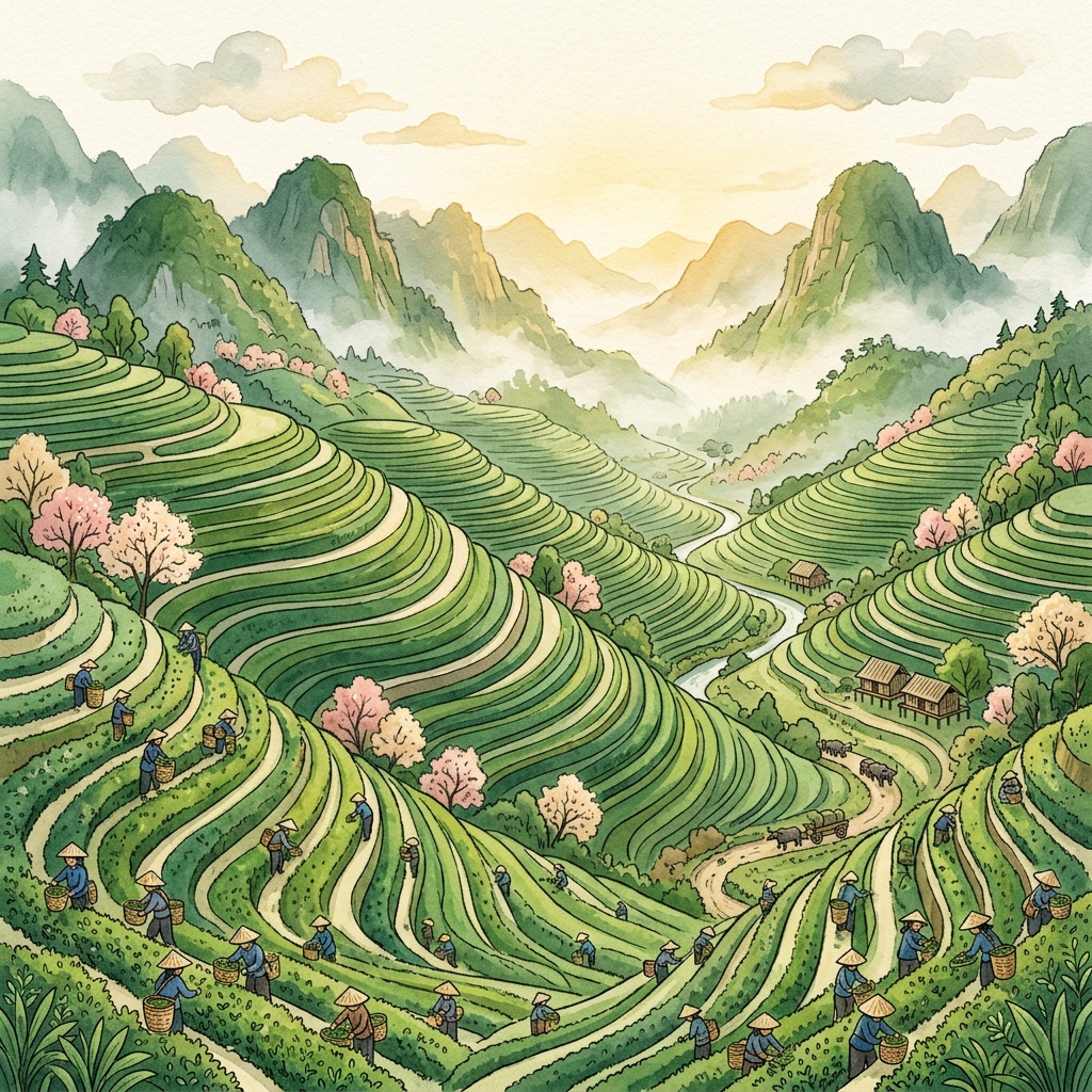 Ruộng bậc thang trà xanh mướt, nông dân thu hoạch lá trà