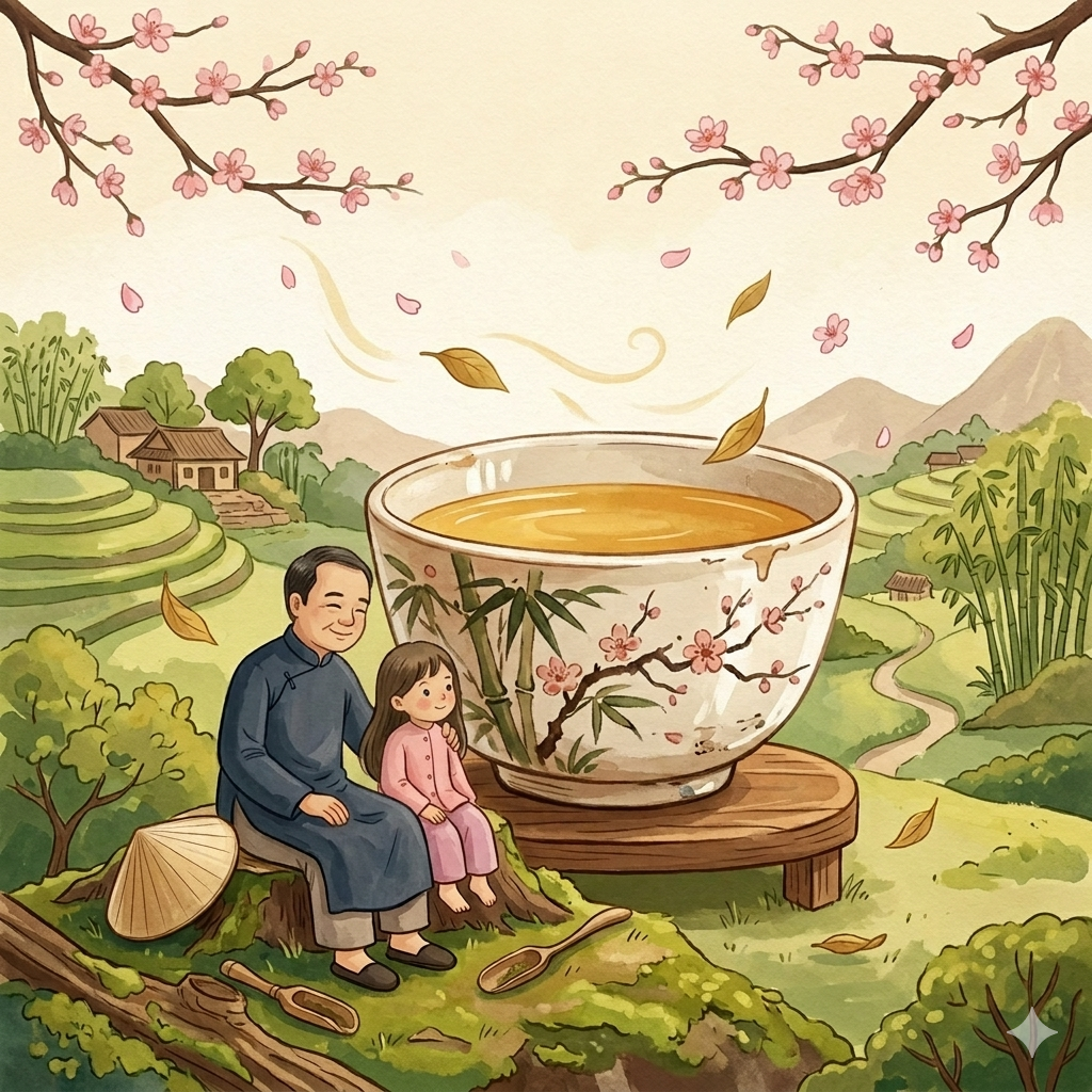 Người cha và con gái tí hon ngồi bên chén trà lớn, lá trà bay bổng xung quanh